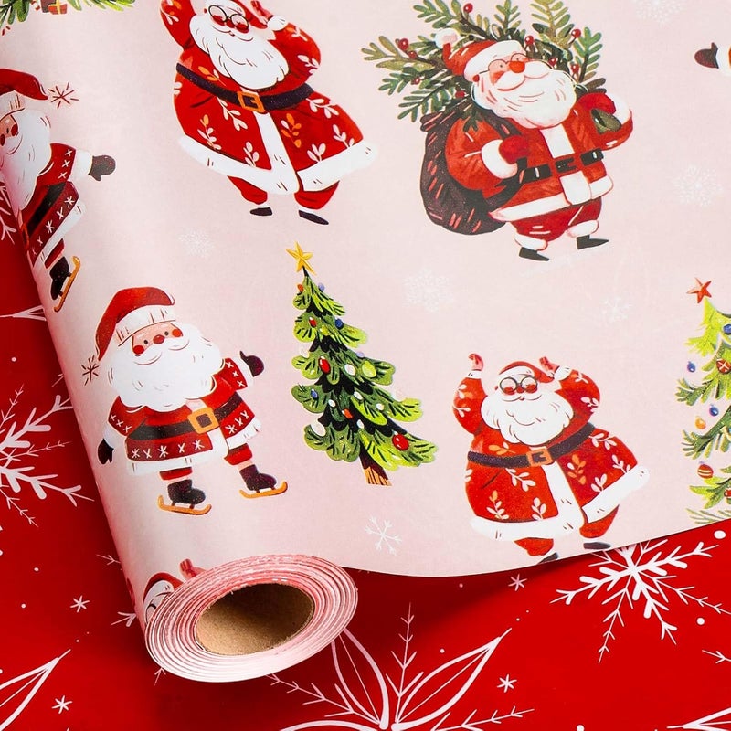 MAYPLUSS Christmas Wrapping Paper Roll - 17 Inch X 33 Feet - Cute Santa Claus Christmas Tree Reversible Strip Gift Wrapping Paper, Thick Wrap Paper for Holiday Party New Year Kids - Image 1